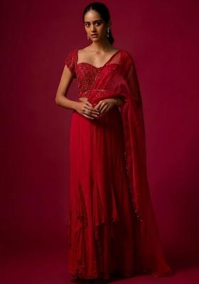 Red Hand Work Embellished Fusion Set