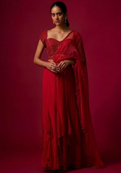 Red Hand Work Embellished Fusion Set