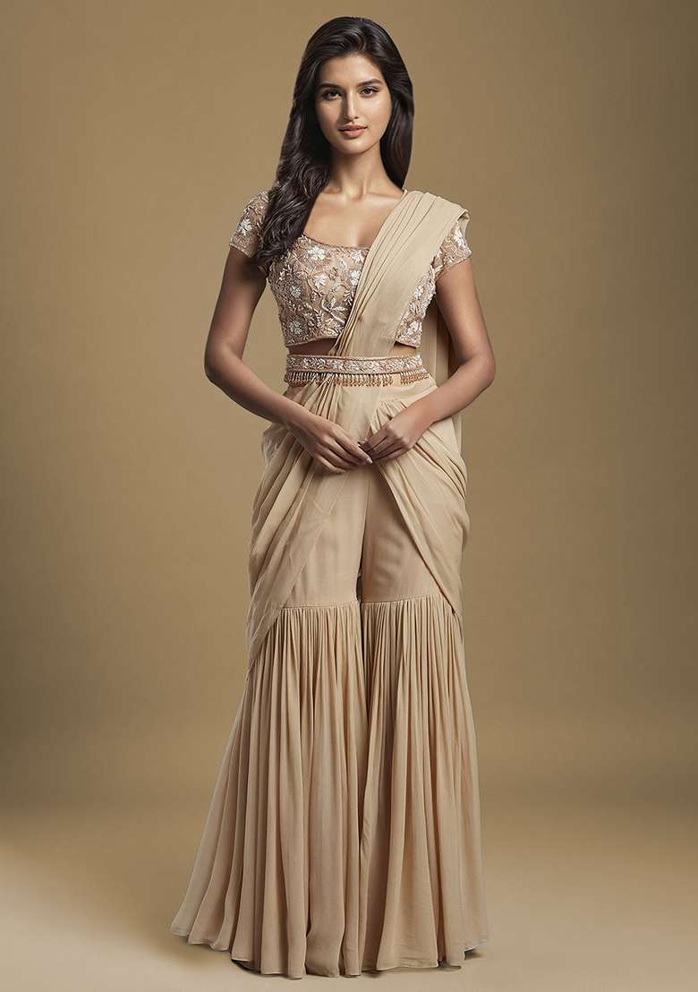 Beige Hand Work Embellished Fusion Set - Indya