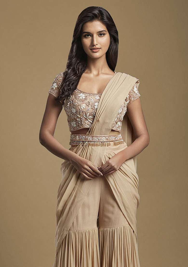 Beige Hand Work Embellished Fusion Set - Indya