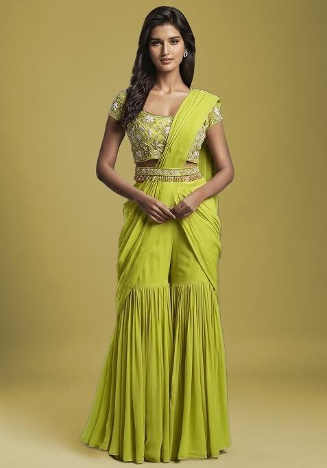 Lime Green Hand Work Embellished Fusion Set