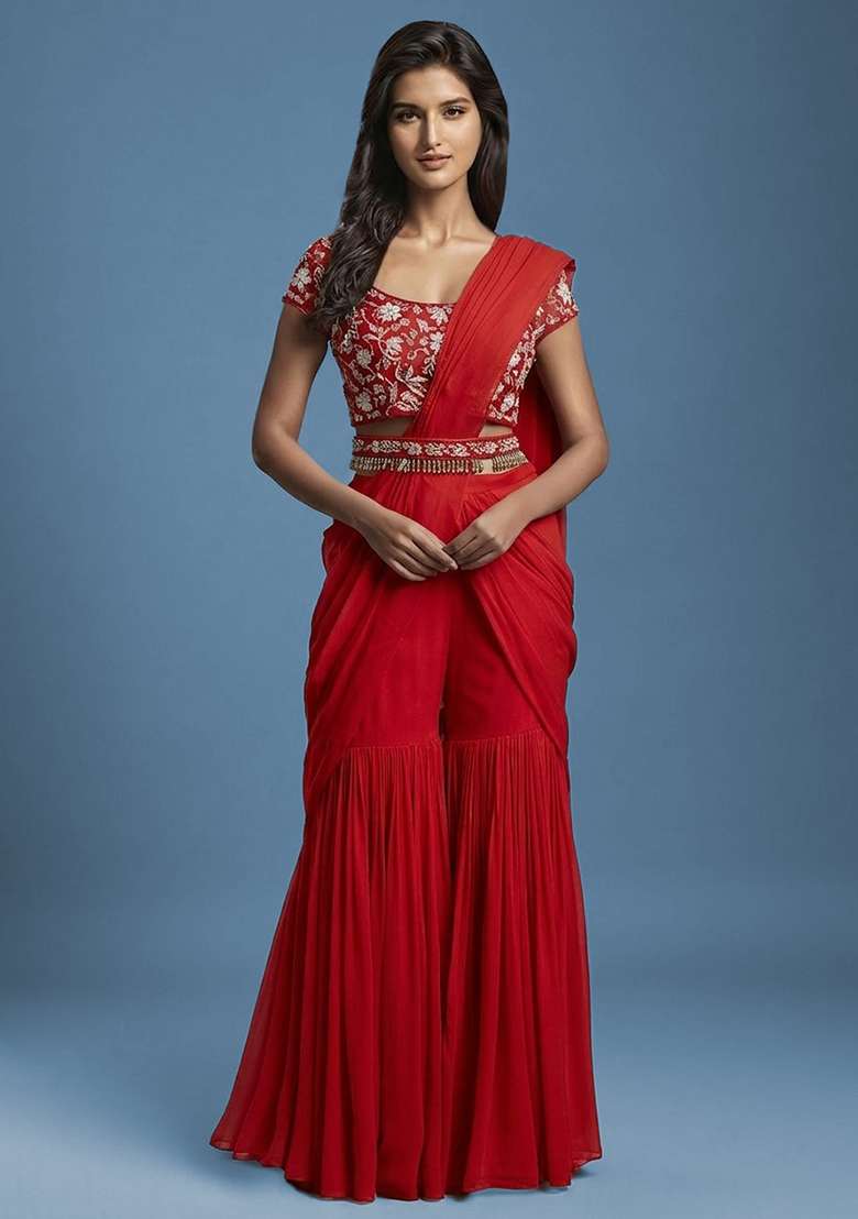Red Hand Work Embellished Fusion Set - Indya