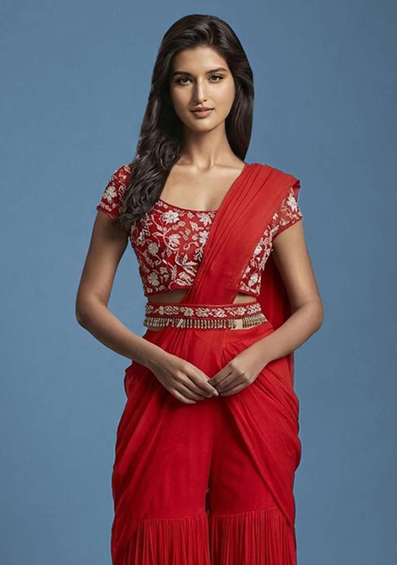 Red Hand Work Embellished Fusion Set - Indya