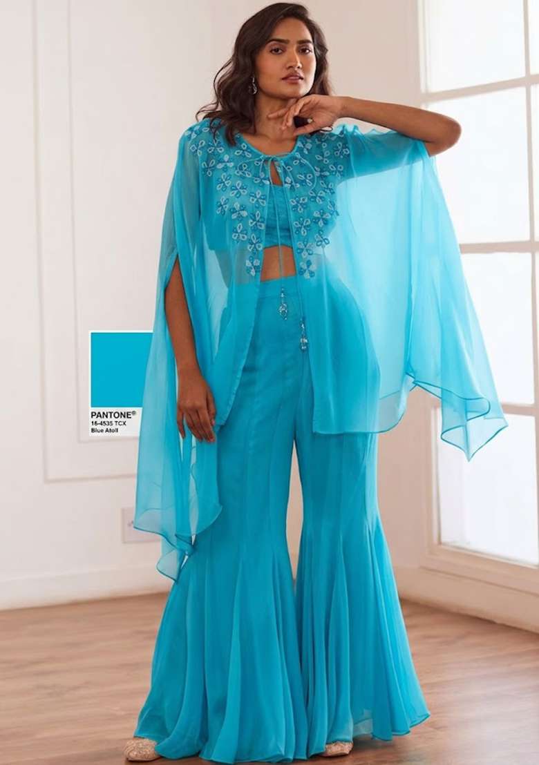 Aqua Blue Hand Work Embellished Fusion Set - Indya