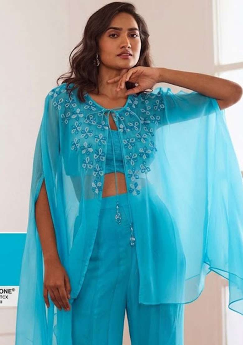 Aqua Blue Hand Work Embellished Fusion Set - Indya
