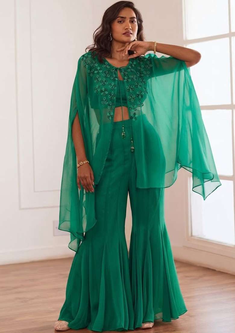 Emerald Green Hand Work Embellished Fusion Set - Indya