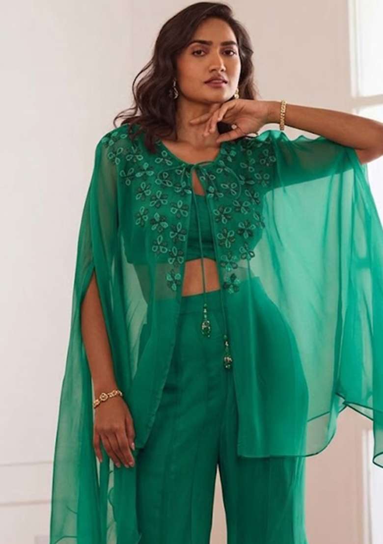 Emerald Green Hand Work Embellished Fusion Set - Indya