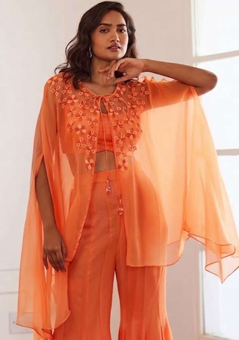 Coral Hand Work Embellished Fusion Set - Indya