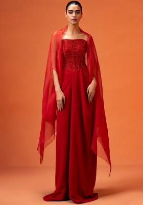 Bright Red Hand Work Embellished Fusion Set