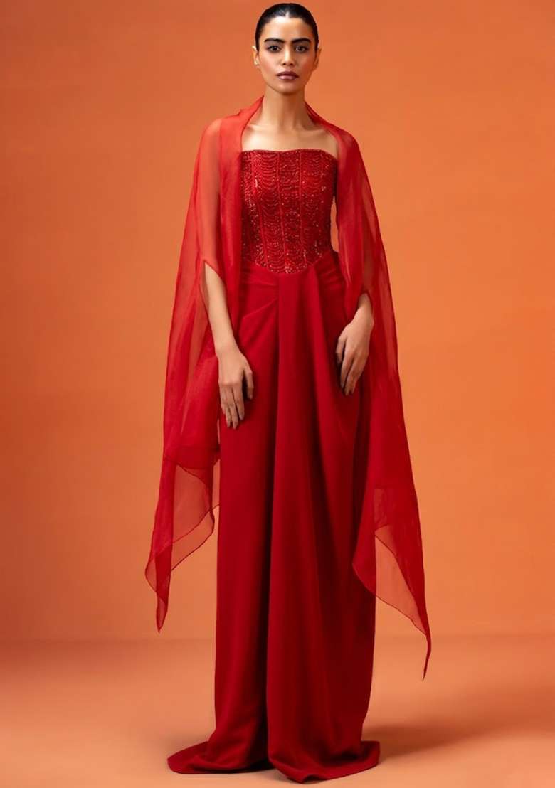 Bright Red Hand Work Embellished Fusion Set - Indya