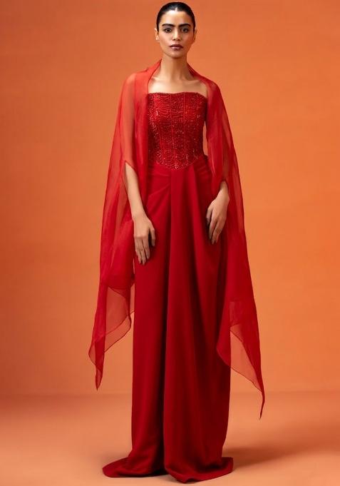 Bright Red Hand Work Embellished Fusion Set