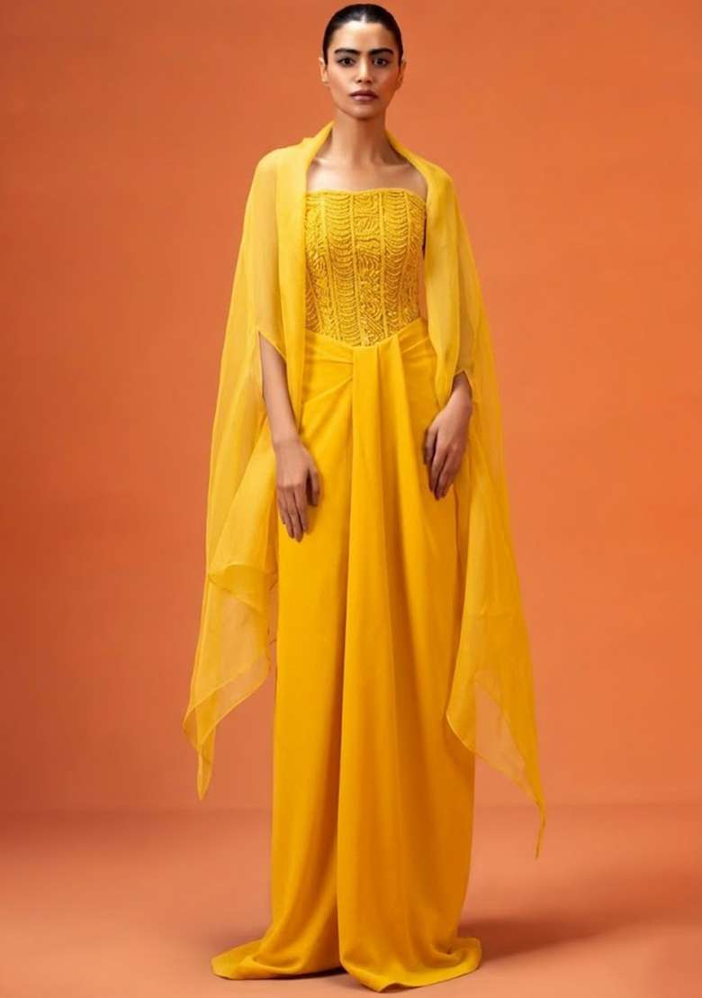 Bright Yellow Hand Work Embellished Fusion Set - Indya
