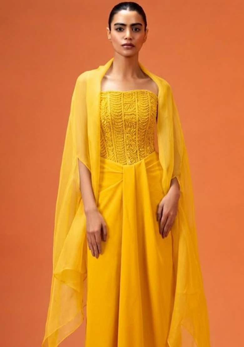 Bright Yellow Hand Work Embellished Fusion Set - Indya