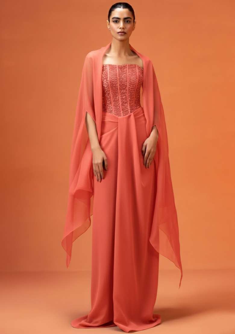 Coral Hand Work Embellished Fusion Set - Indya