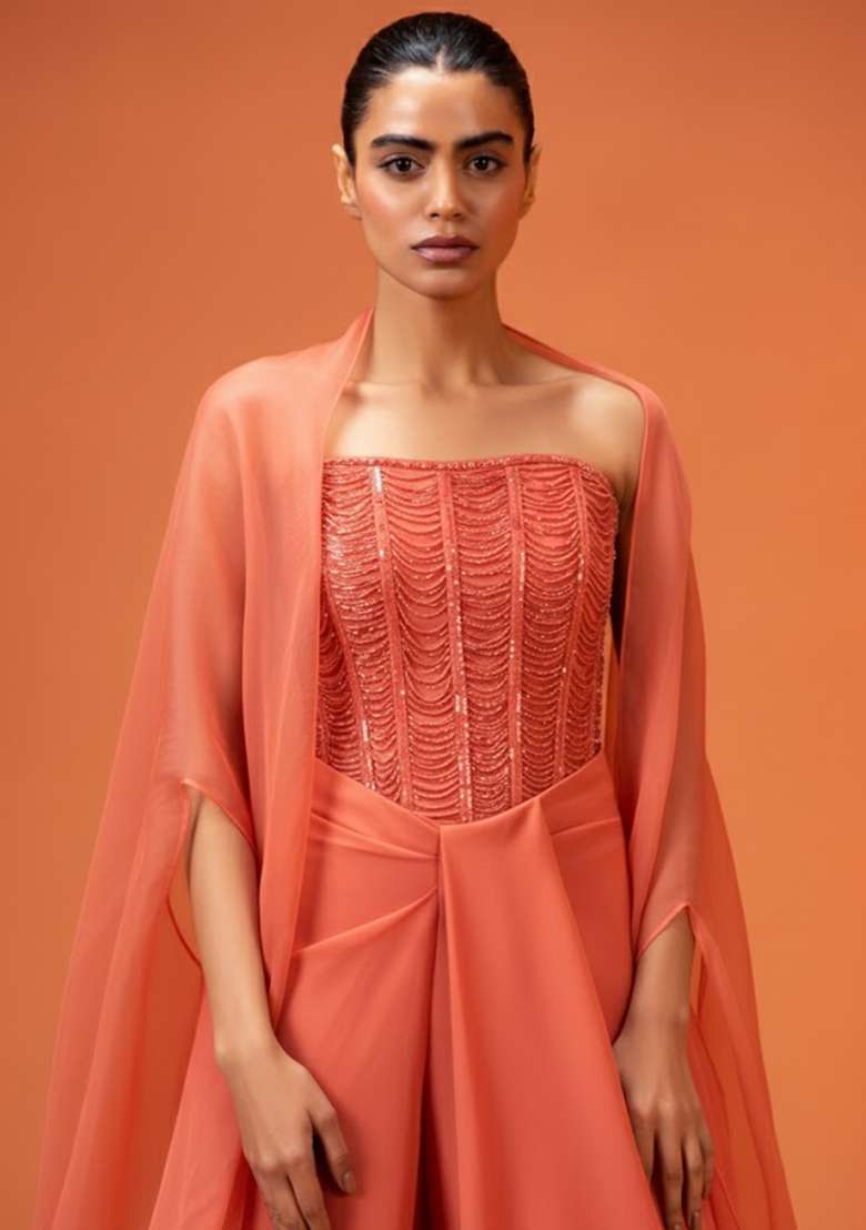 Coral Hand Work Embellished Fusion Set - Indya
