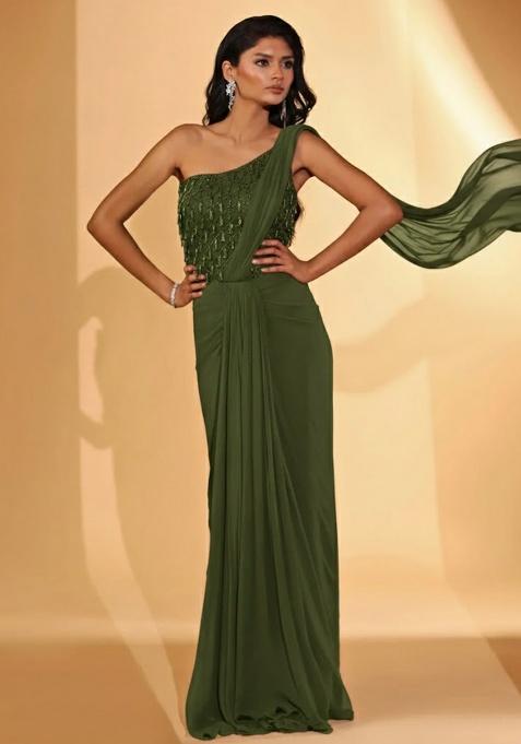 Dark Green Hand Work Embellished Pre Draped Saree Set