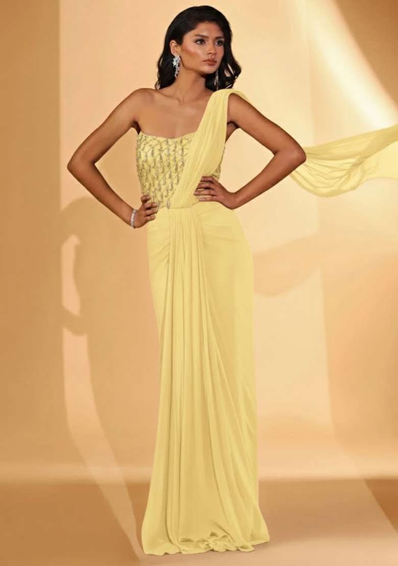 Light Yellow Hand Work Embellished Pre Draped Saree Set - Indya