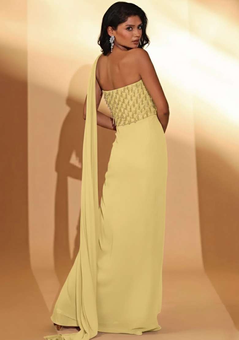 Light Yellow Hand Work Embellished Pre Draped Saree Set - Indya