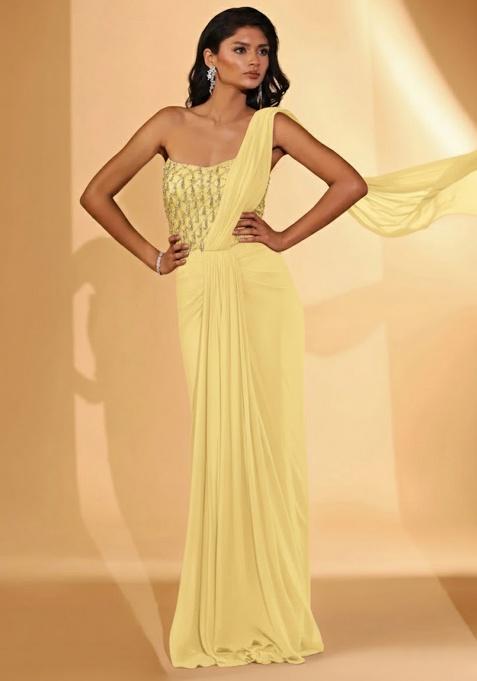 Light Yellow Hand Work Embellished Pre Draped Saree Set