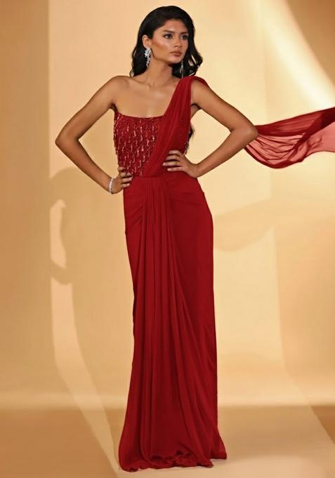 Hot Pink Hand Work Embellished Pre Draped Saree Set