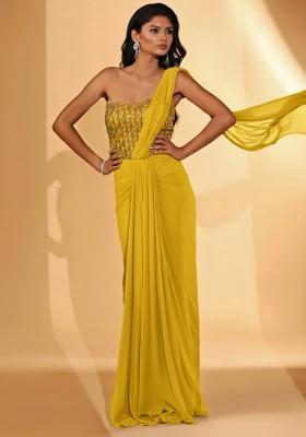 Bright Yellow Hand Work Embellished Pre Draped Saree Set