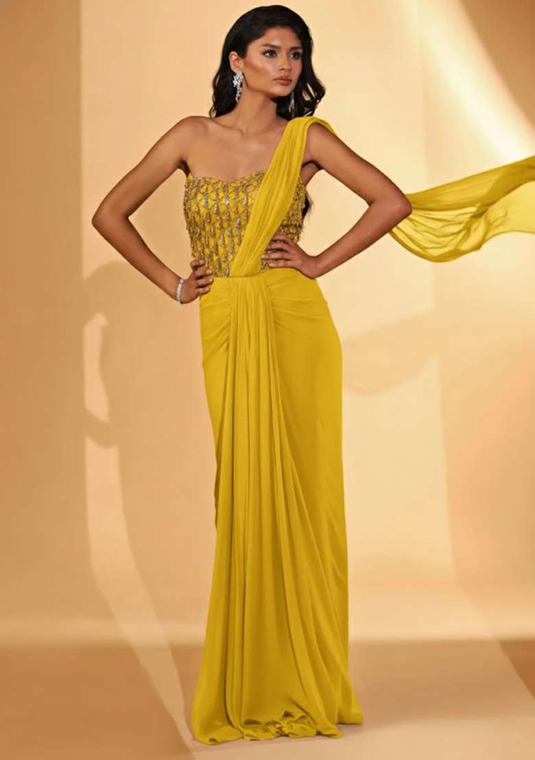 Bright Yellow Hand Work Embellished Pre Draped Saree Set - Indya