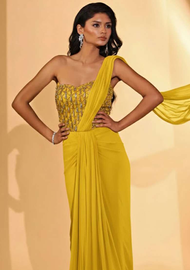Bright Yellow Hand Work Embellished Pre Draped Saree Set - Indya