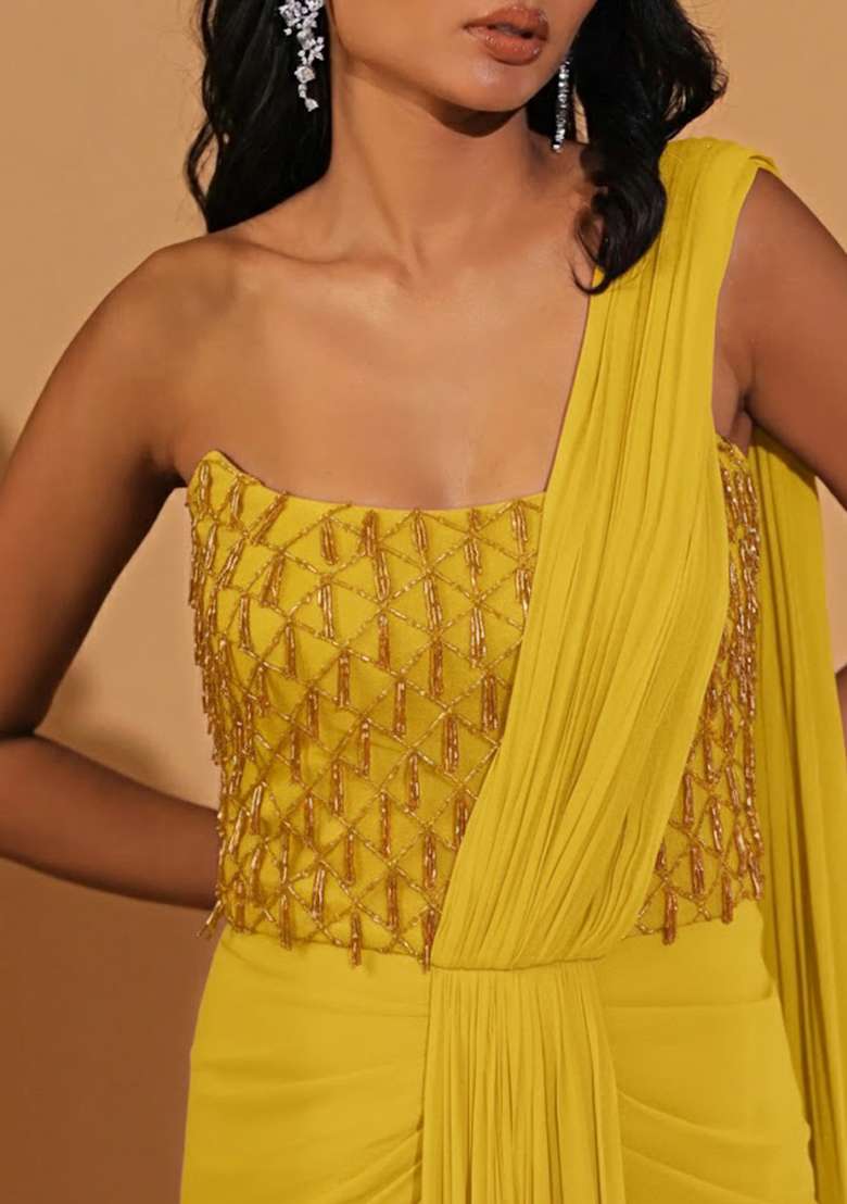 Bright Yellow Hand Work Embellished Pre Draped Saree Set - Indya