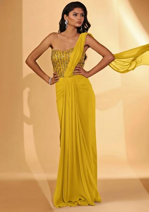 Bright Yellow Hand Work Embellished Pre Draped Saree Set