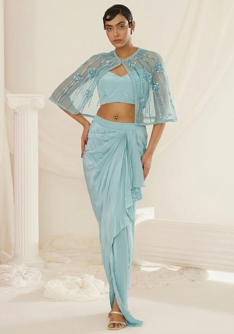 Aqua Blue Hand Work Embellished Fusion Set