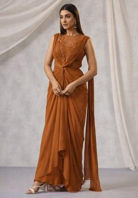 Brown Hand Work Embroidered Fusion Set
