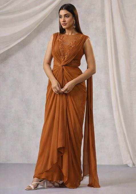 Brown Hand Work Embroidered Fusion Set