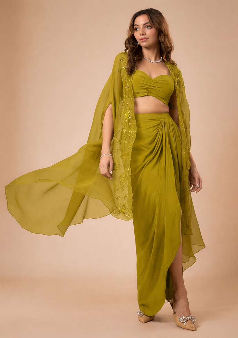 Olive Green Crepe Handwork Fusion Set - Indya