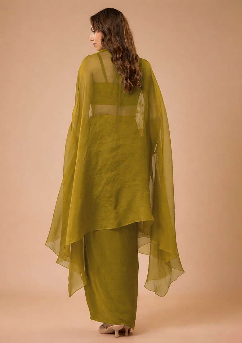 Olive Green Crepe Handwork Fusion Set - Indya