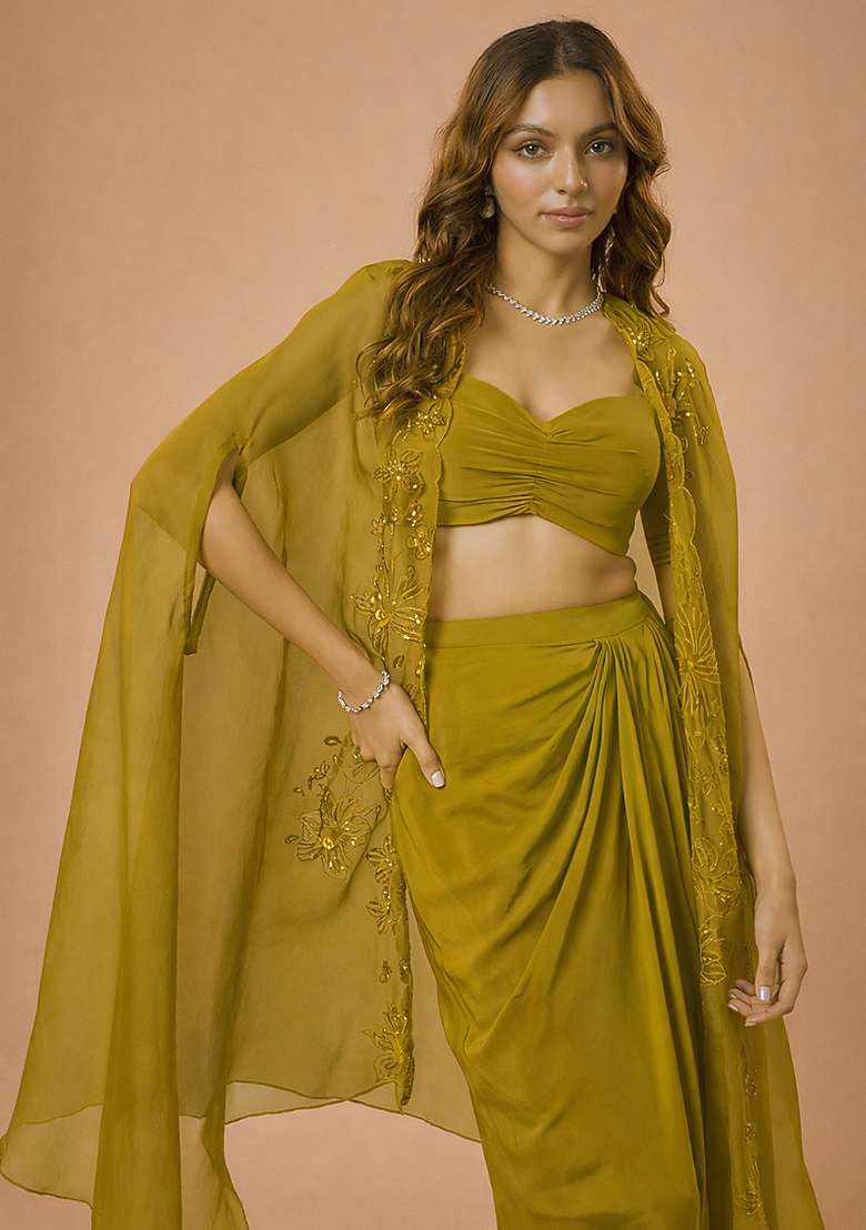 Olive Green Crepe Handwork Fusion Set - Indya