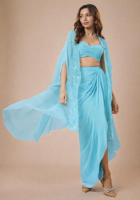 Sky Blue Crepe Handwork Fusion Set