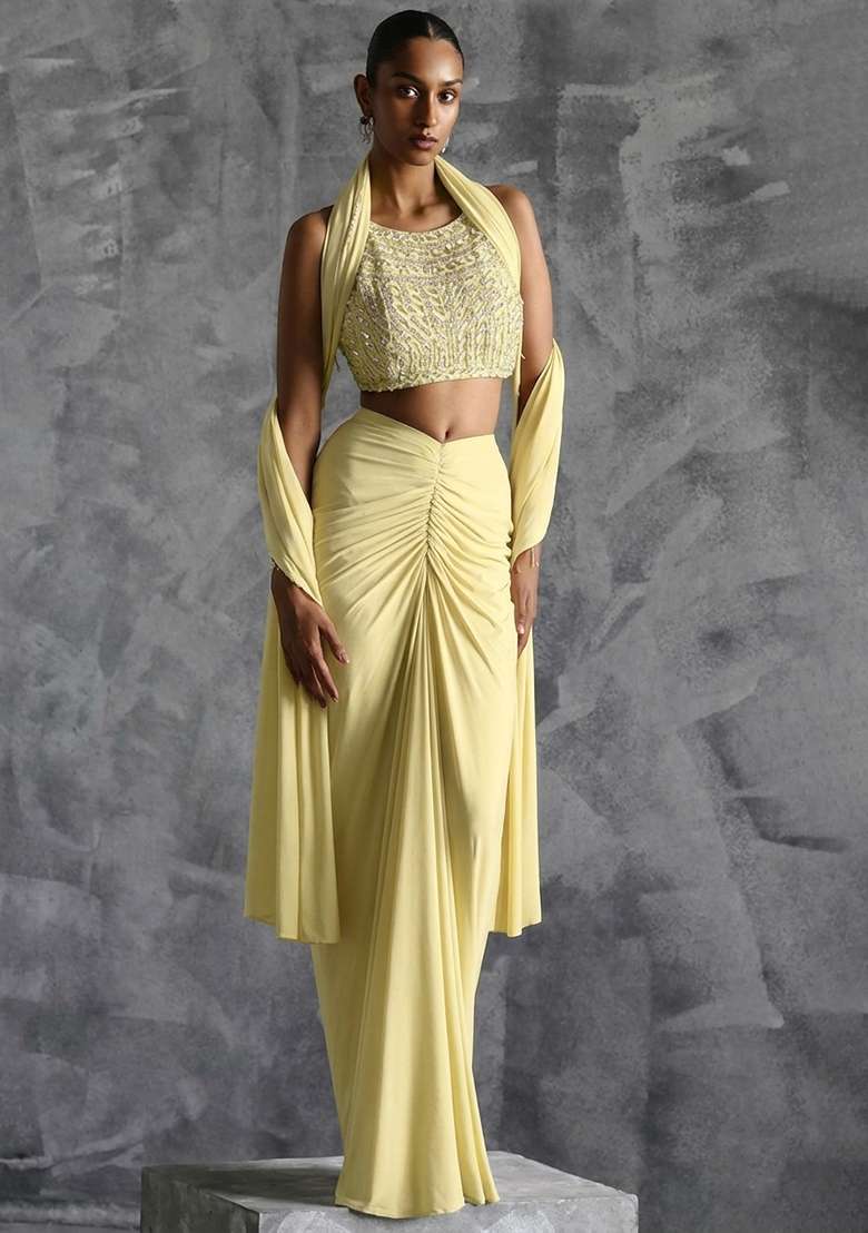 Pastel Yellow Crepe Handwork Fusion Set - Indya