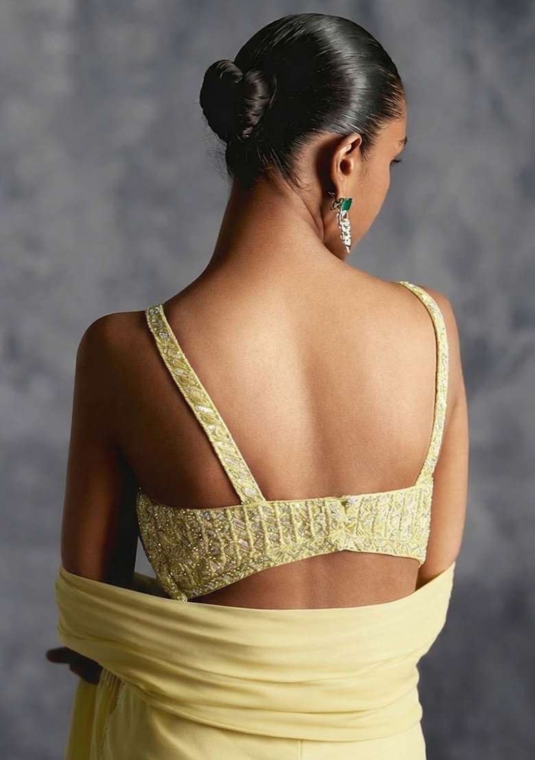 Pastel Yellow Crepe Handwork Fusion Set - Indya