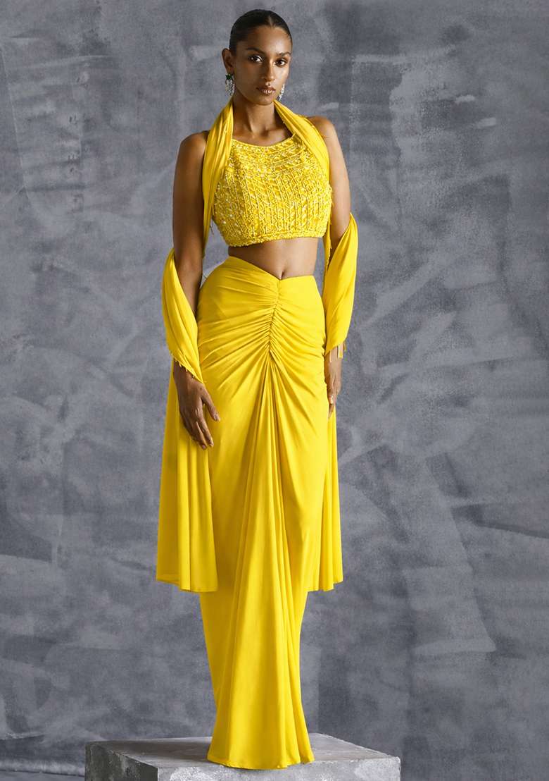 Yellow Crepe Handwork Fusion Set - Indya