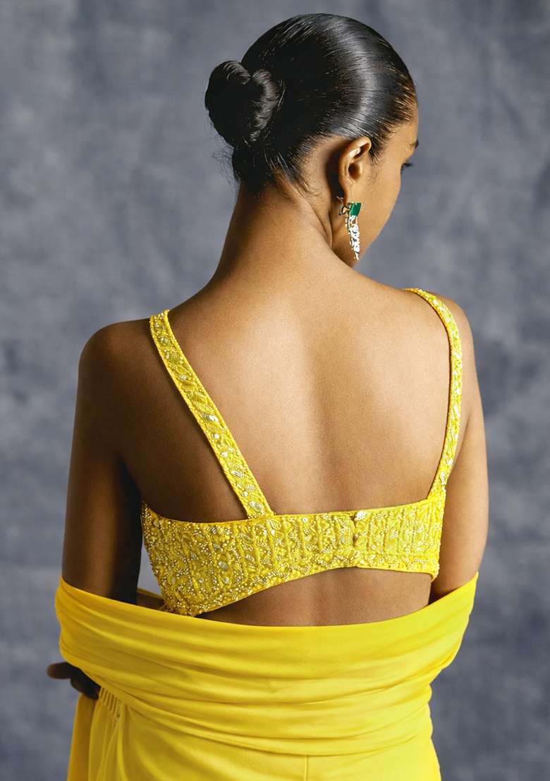 Yellow Crepe Handwork Fusion Set - Indya