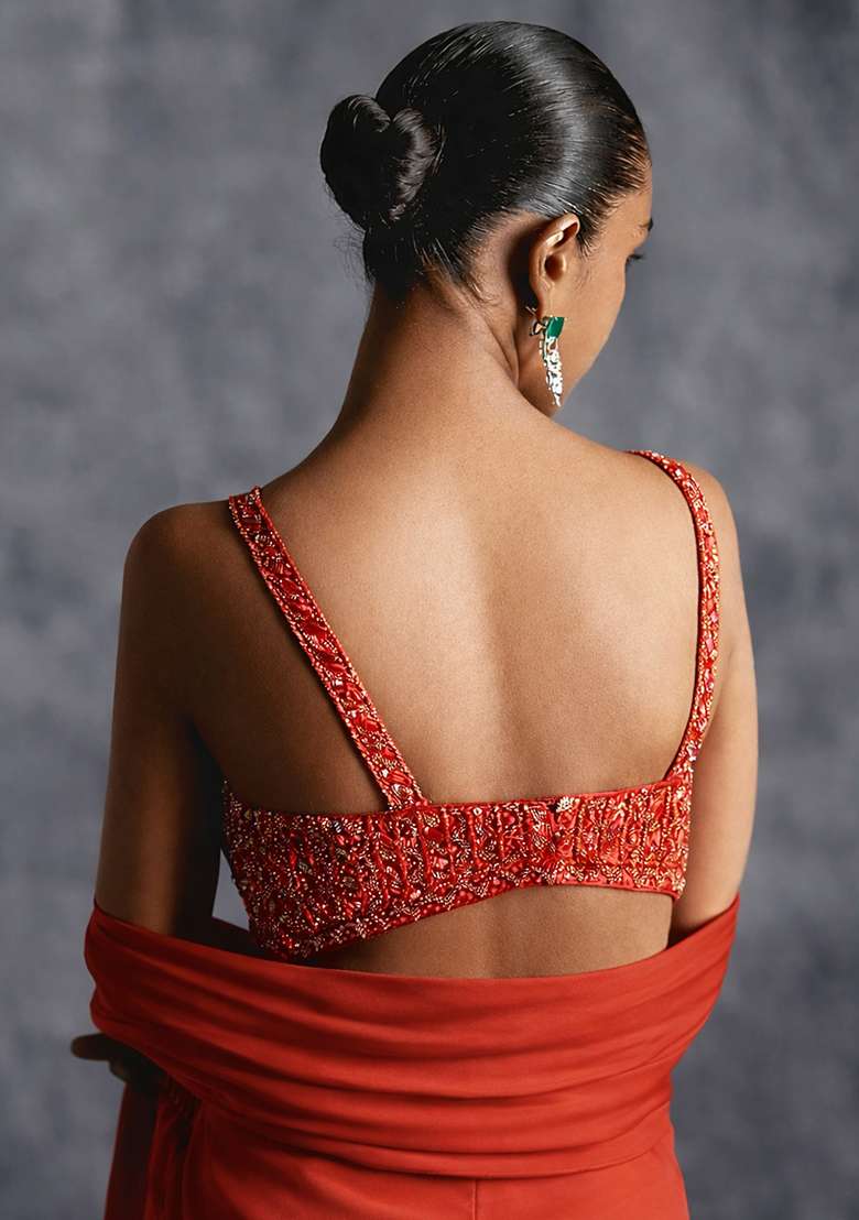 Bright Red Crepe Handwork Fusion Set - Indya