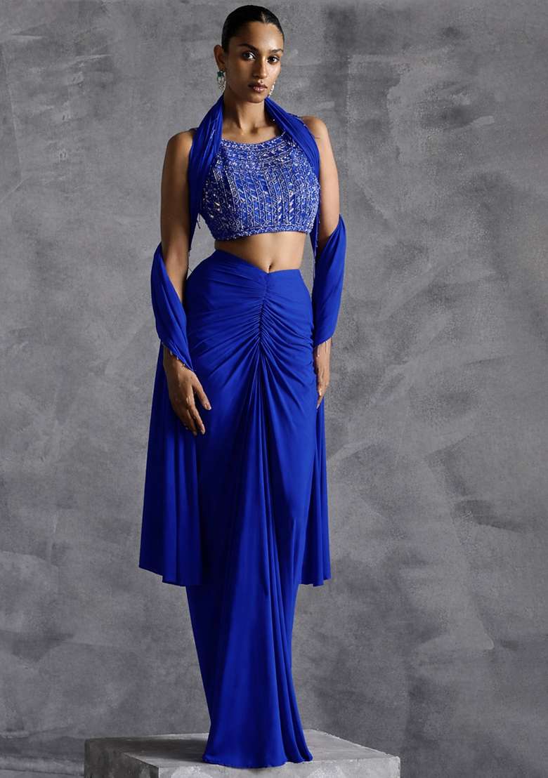 Royal Blue Crepe Handwork Fusion Set - Indya