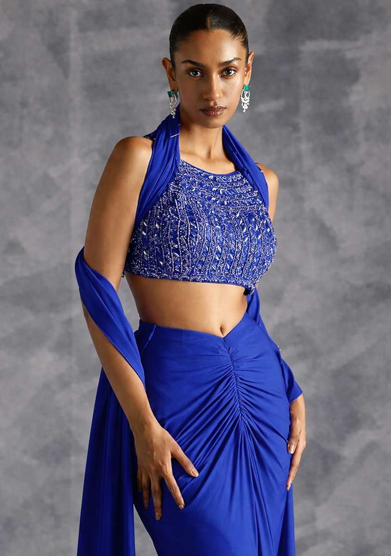 Royal Blue Crepe Handwork Fusion Set - Indya