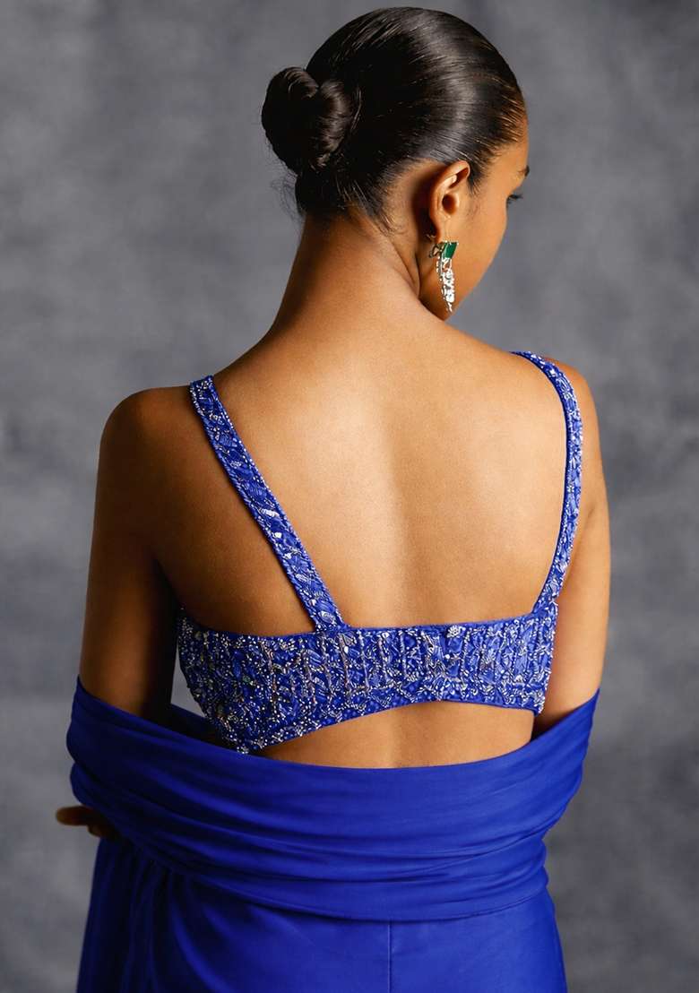 Royal Blue Crepe Handwork Fusion Set - Indya