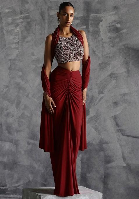 Maroon Crepe Handwork Fusion Set