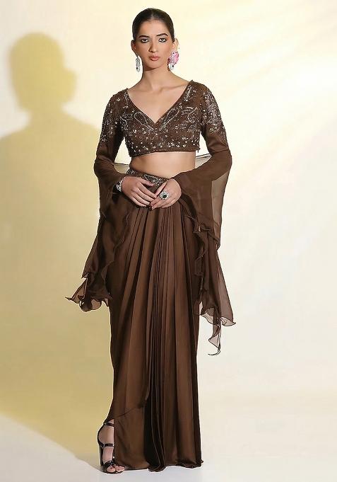 Brown Satin Handwork Fusion Set