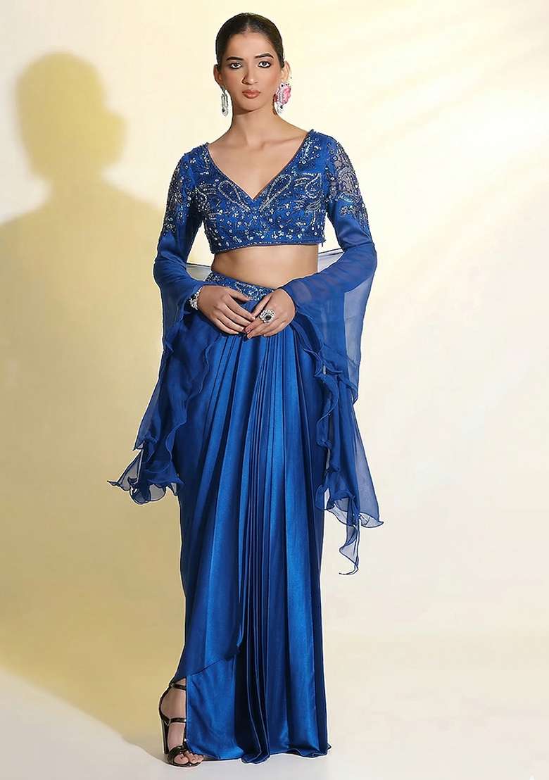 Royal Blue Satin Handwork Fusion Set - Indya