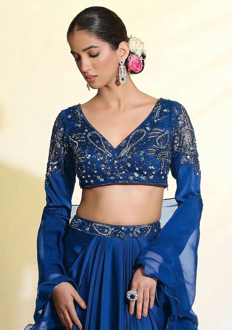 Royal Blue Satin Handwork Fusion Set - Indya
