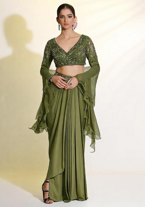 Olive Green Satin Handwork Fusion Set