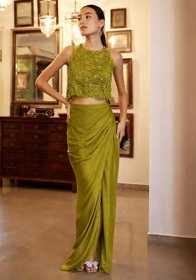 Olive Green Satin Handwork Fusion Set